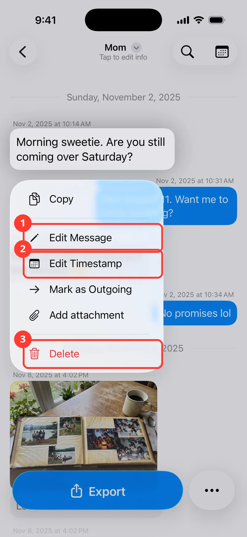 The long-press menu with Edit Message, Edit Timestamp, and Delete highlighted