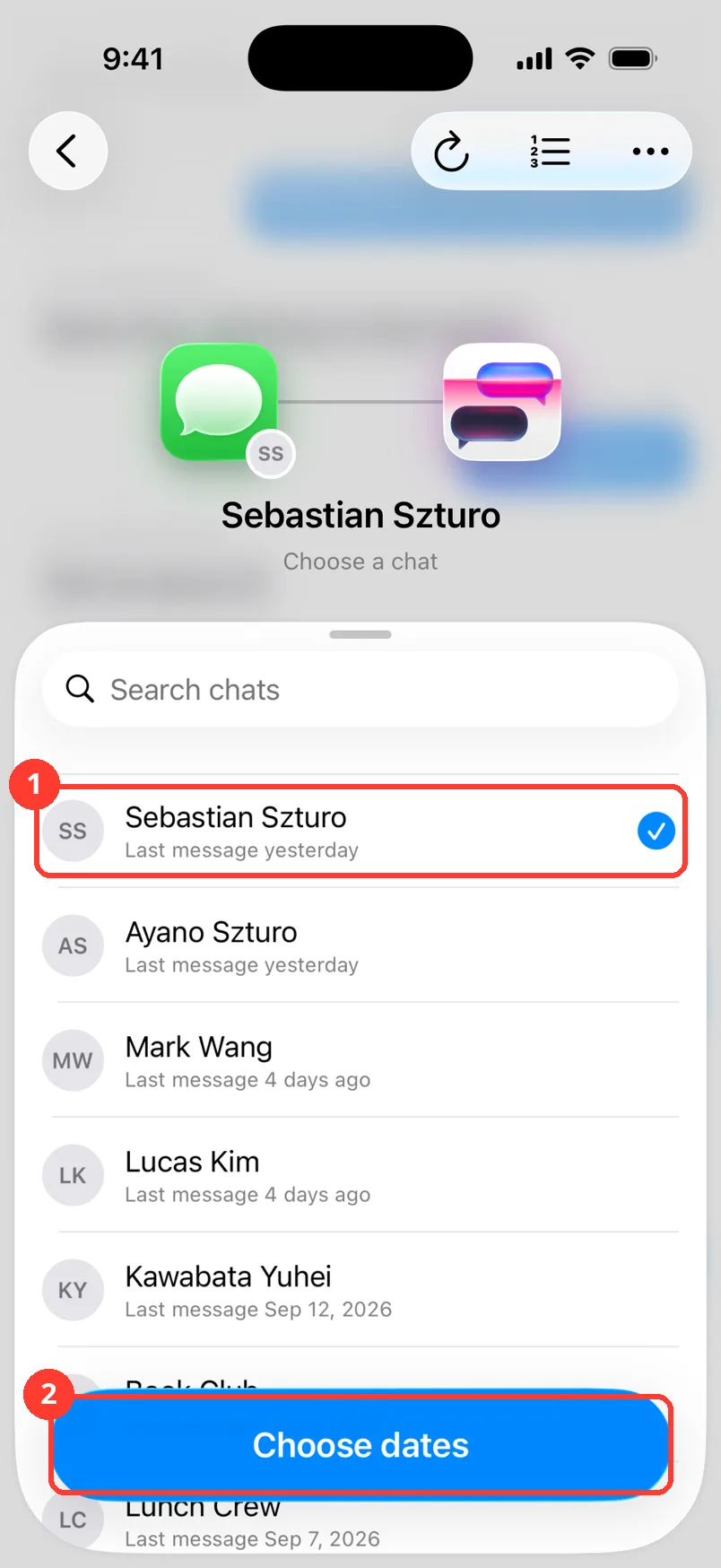 A list of Messages chats with one selected and a Choose dates button