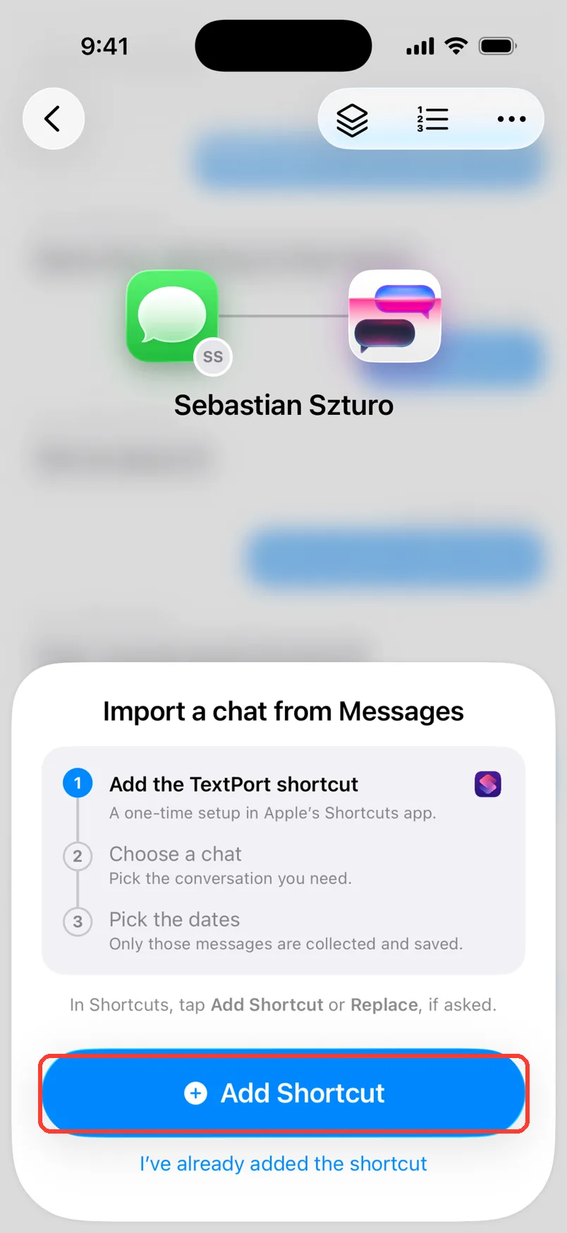 The Import a chat from Messages sheet with an Add Shortcut button