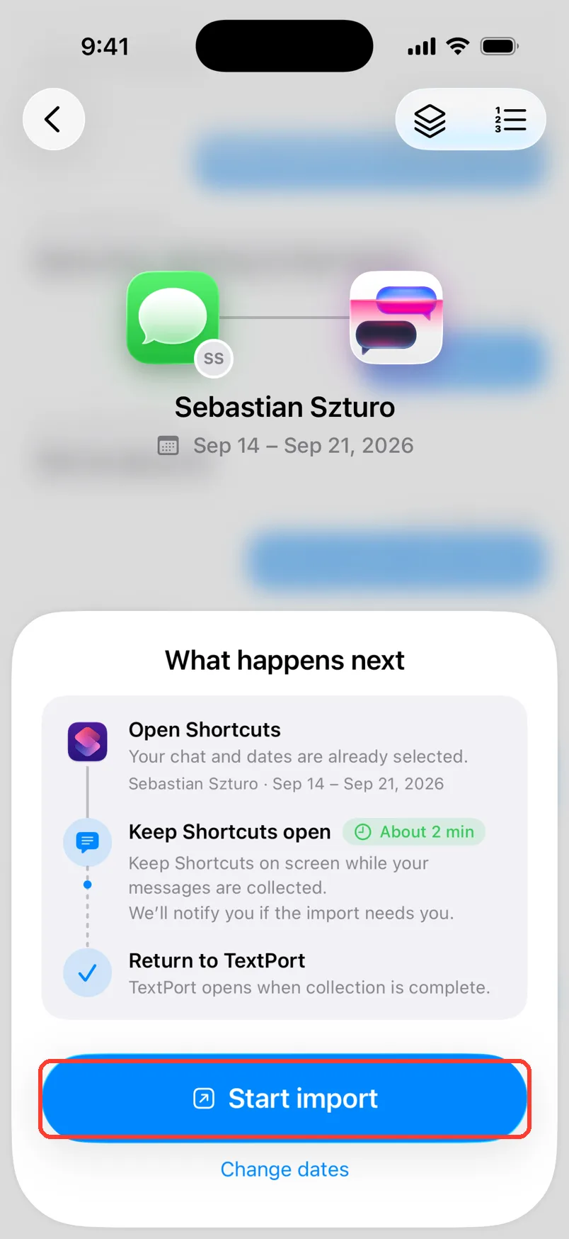 The What happens next sheet with a Start import button
