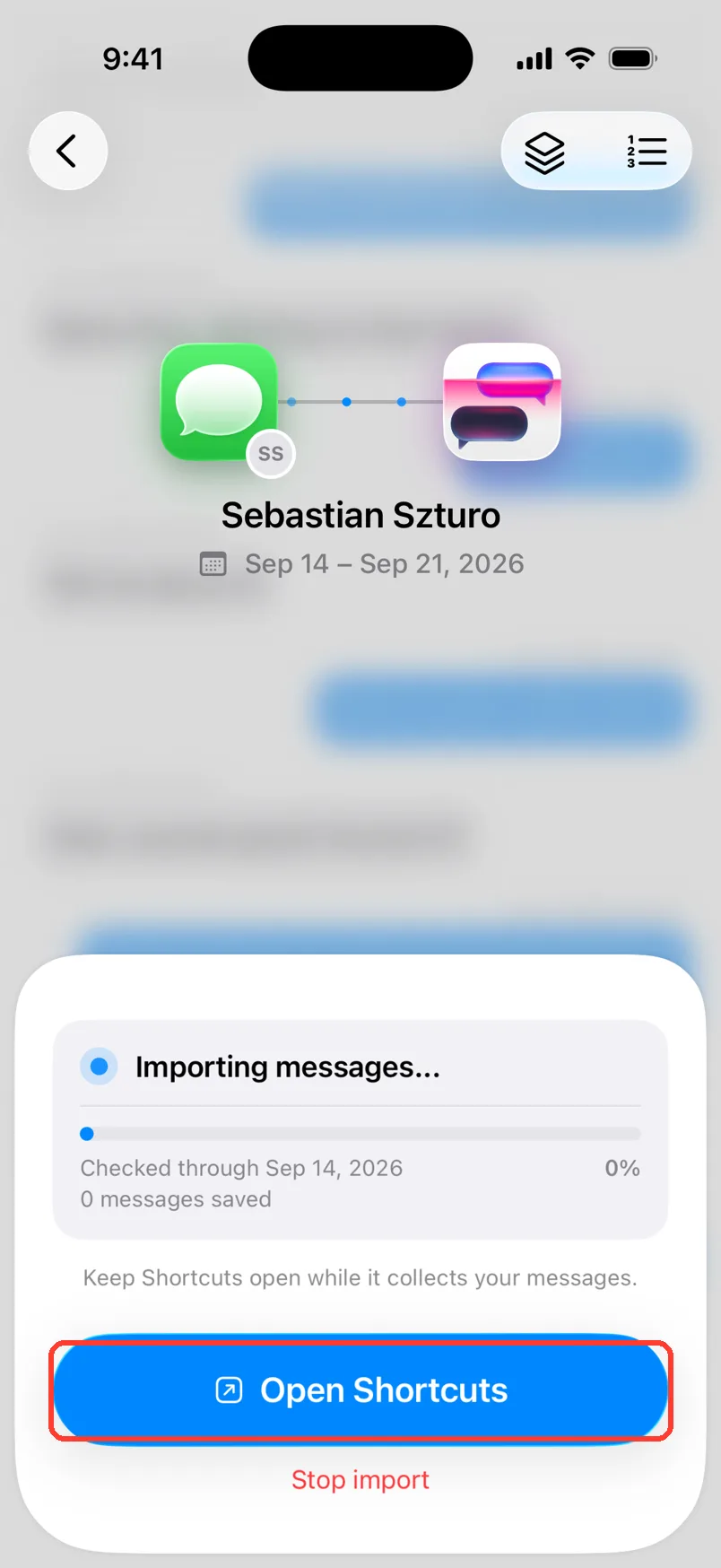 The Importing messages card with the Open Shortcuts button highlighted