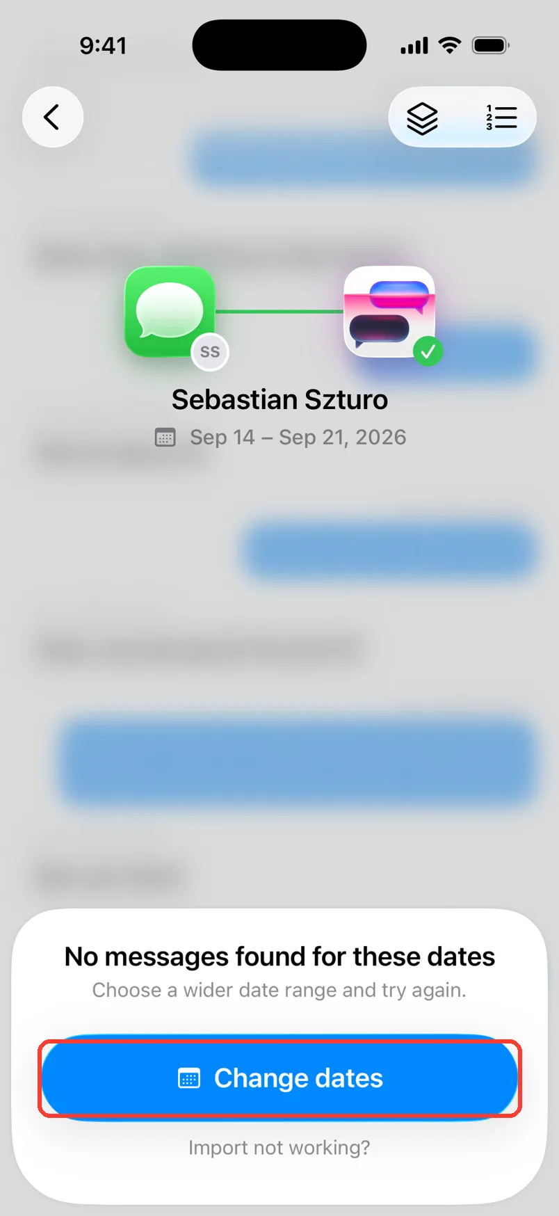 The No messages found for these dates card with a Change dates button