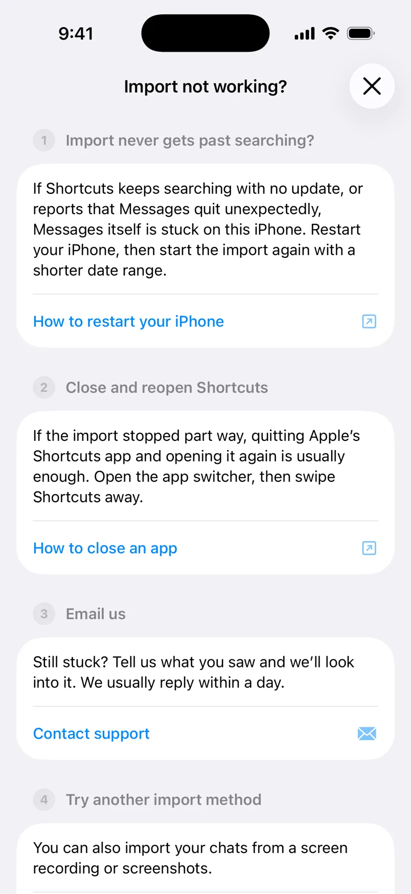 The Import not working sheet with numbered fixes and a Contact support link