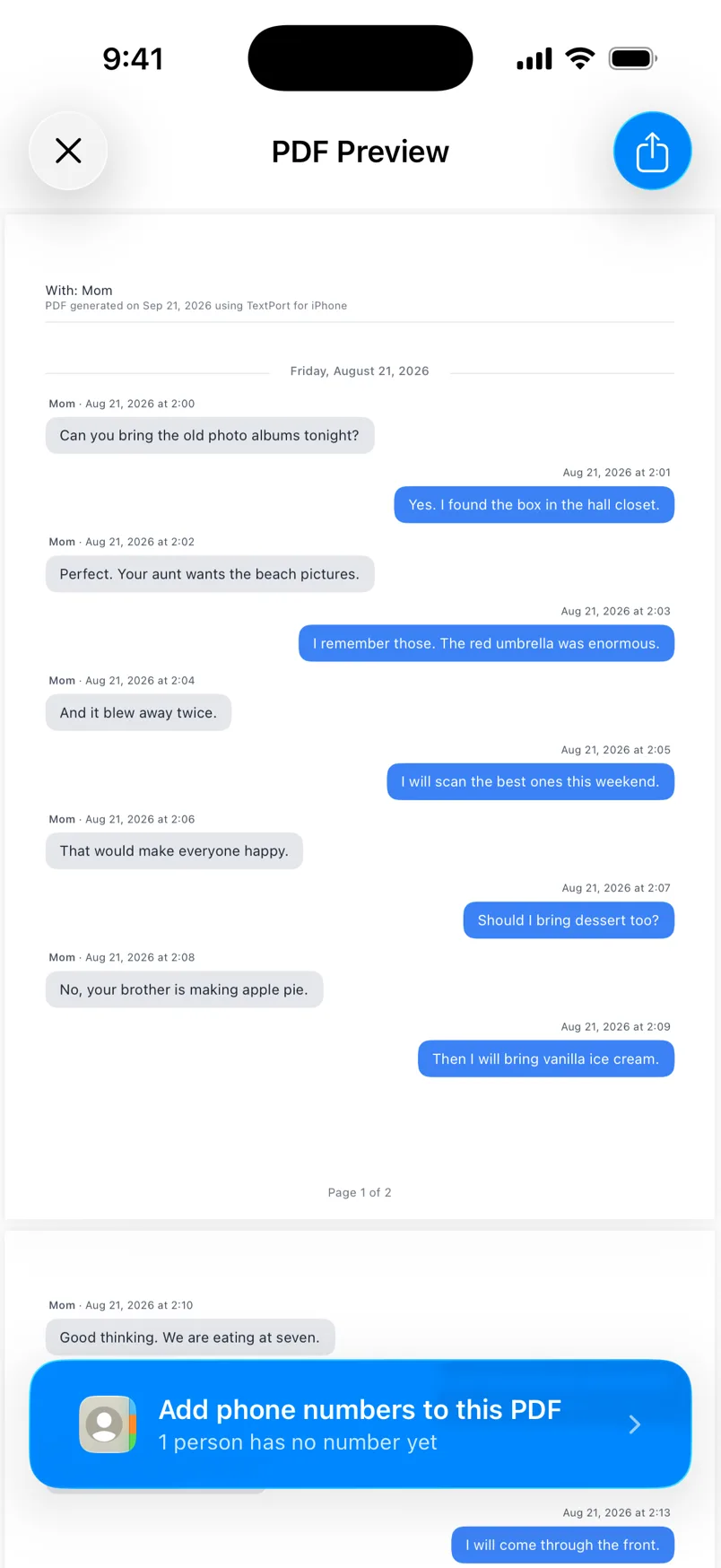 The PDF Preview screen showing the chat as a document