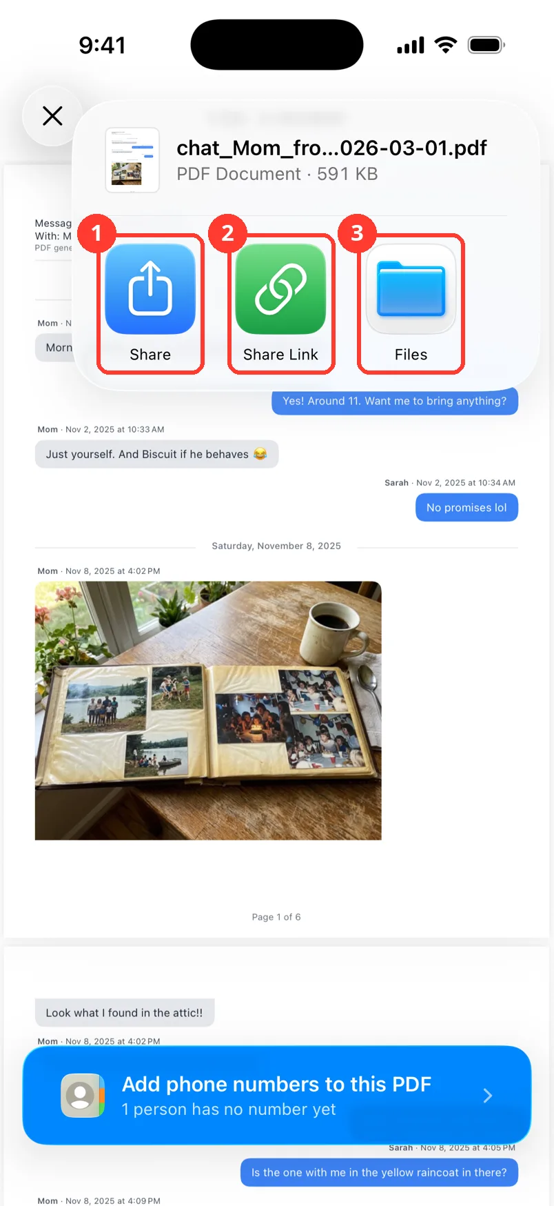 The iOS share sheet with Copy, Markup, Print, and Save to Files