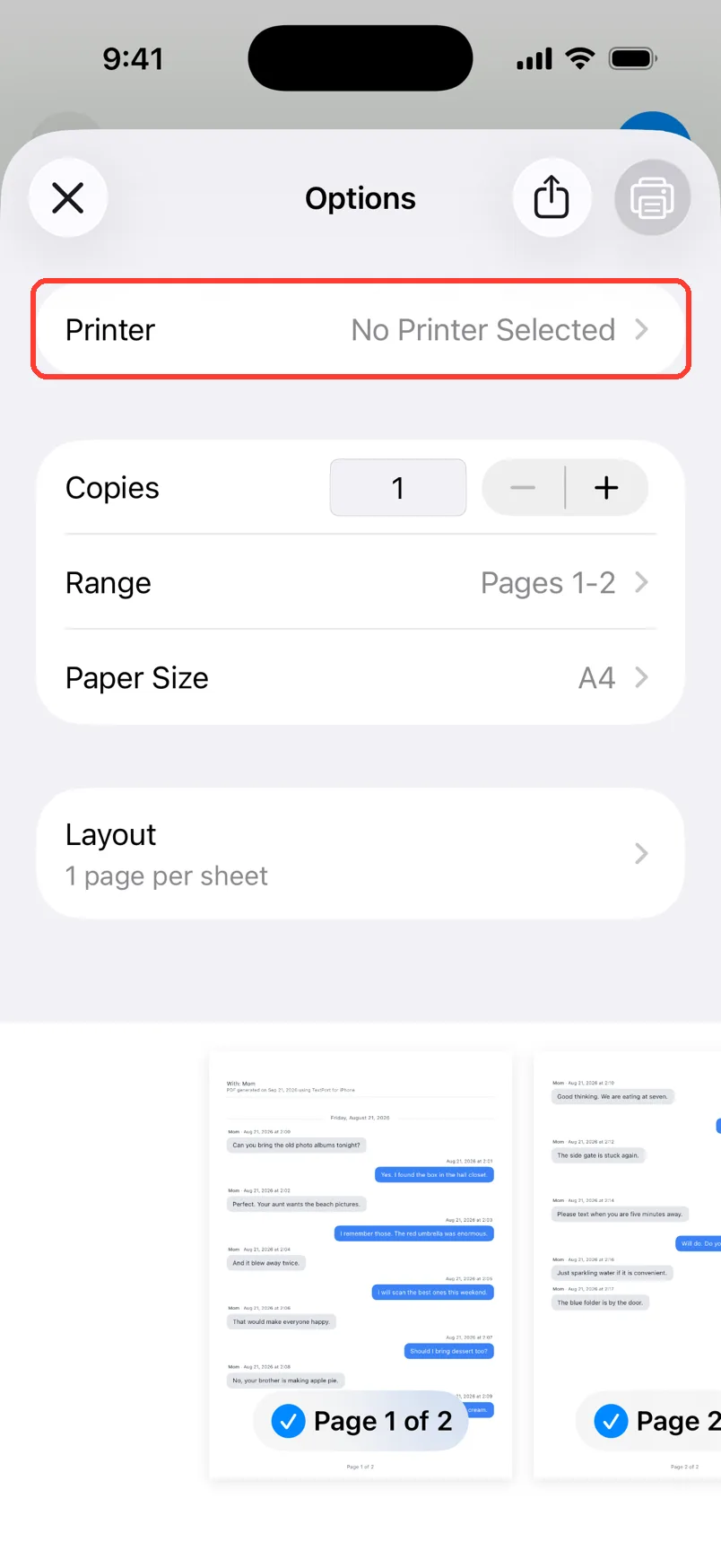 The print options with the Printer row highlighted