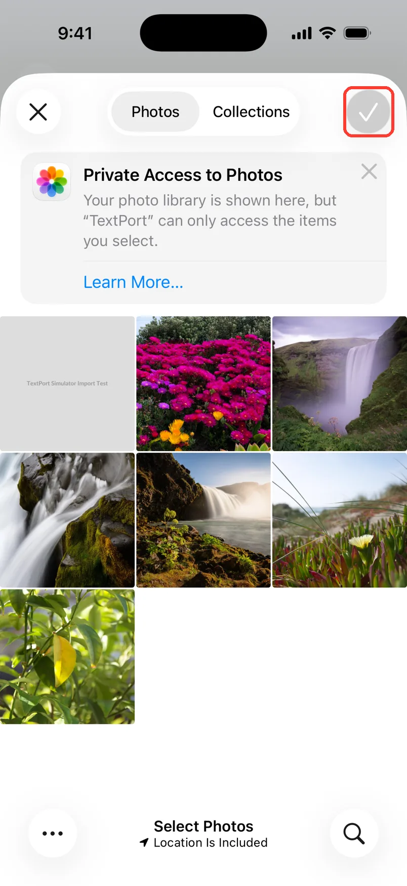 The photo picker with the checkmark button highlighted in the top right