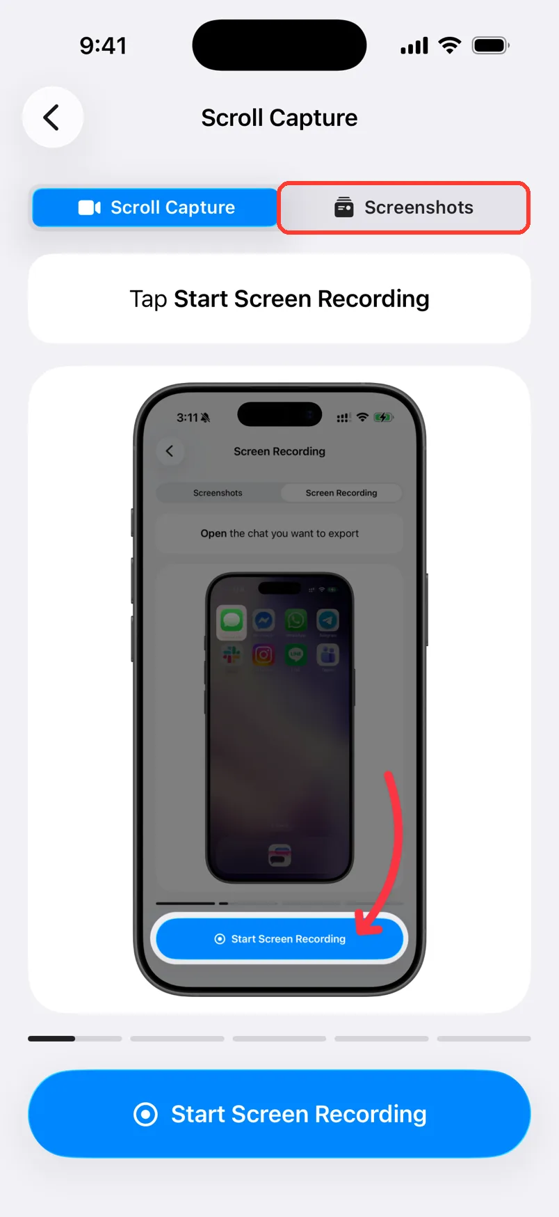 The Screenshots tab is selected. The button at the bottom says Import Screenshots