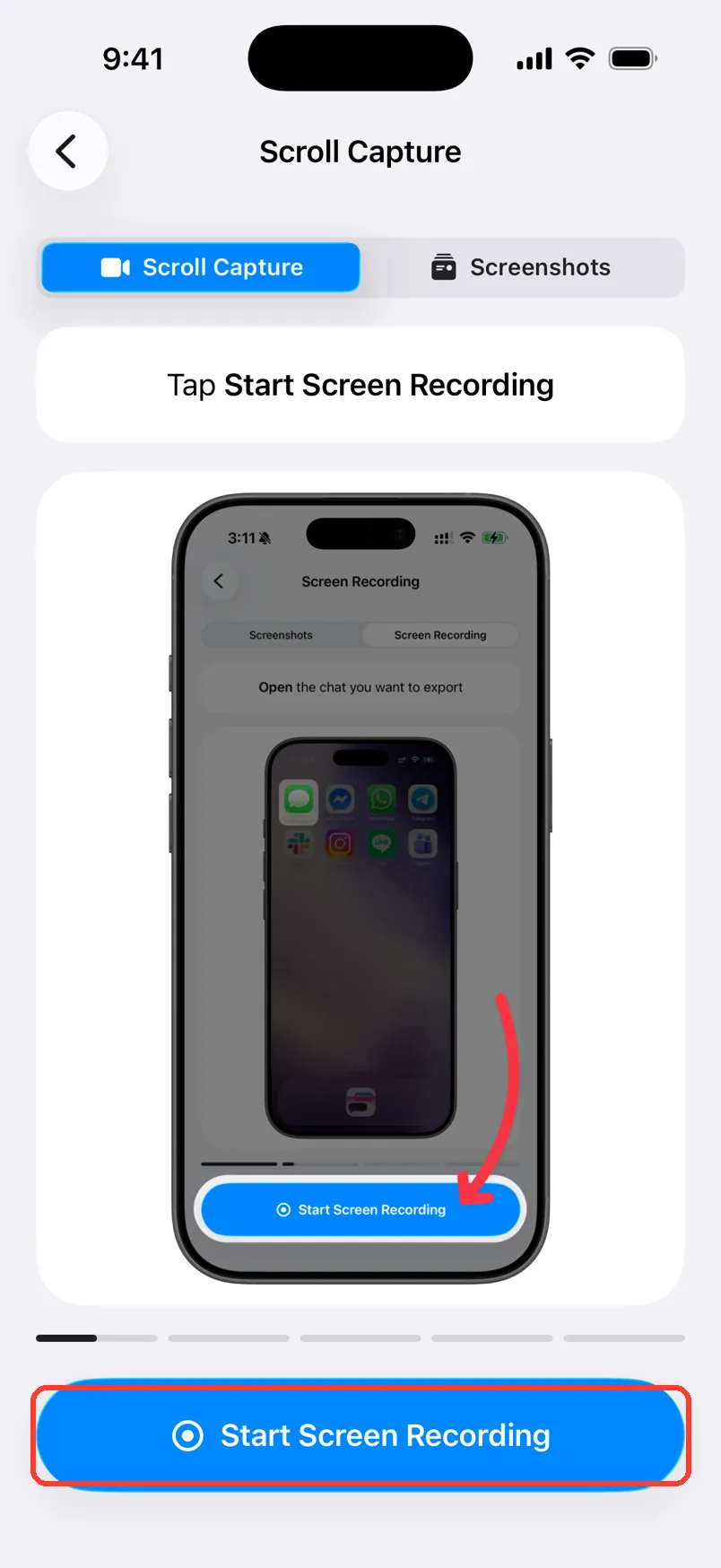 The Scroll Capture screen with Start Screen Recording highlighted