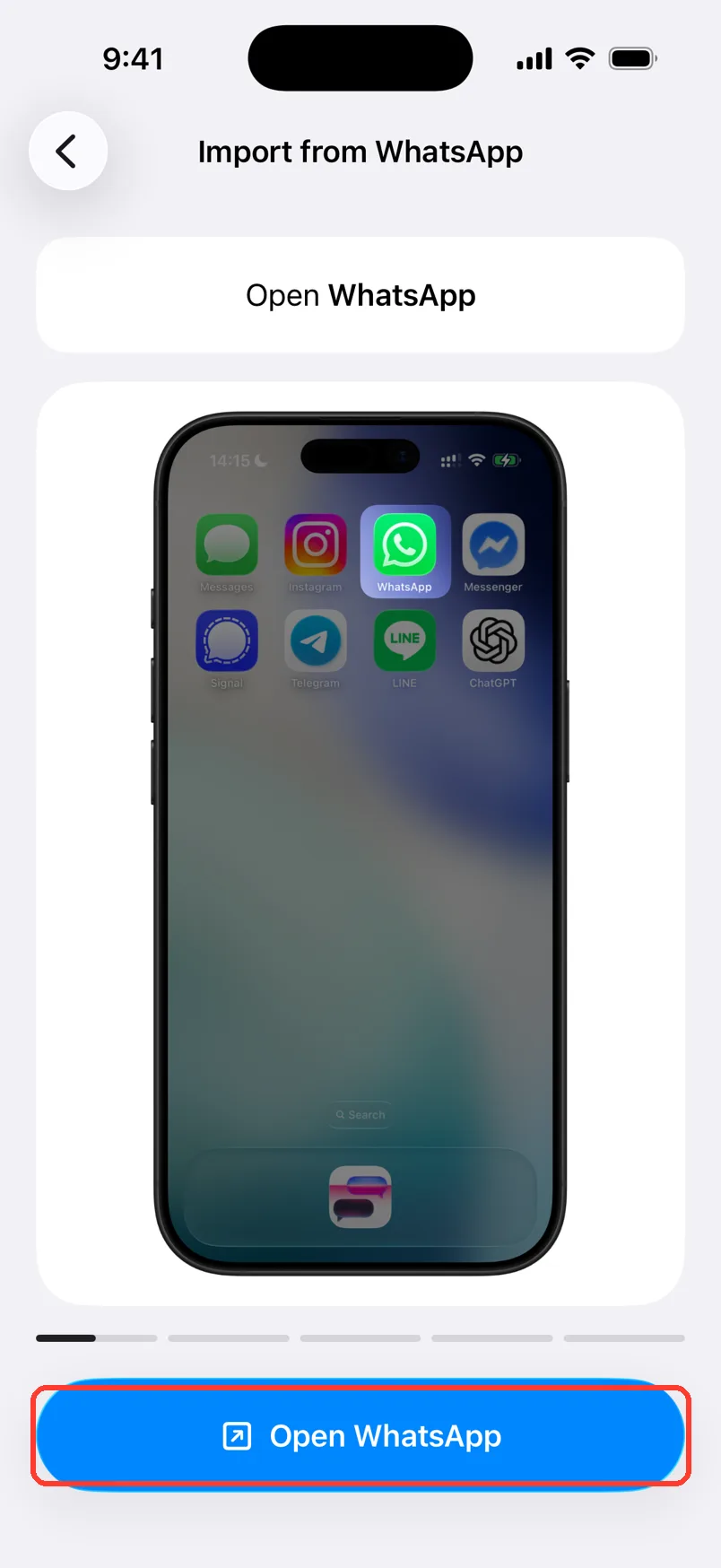 The Import from WhatsApp screen with an Open WhatsApp button
