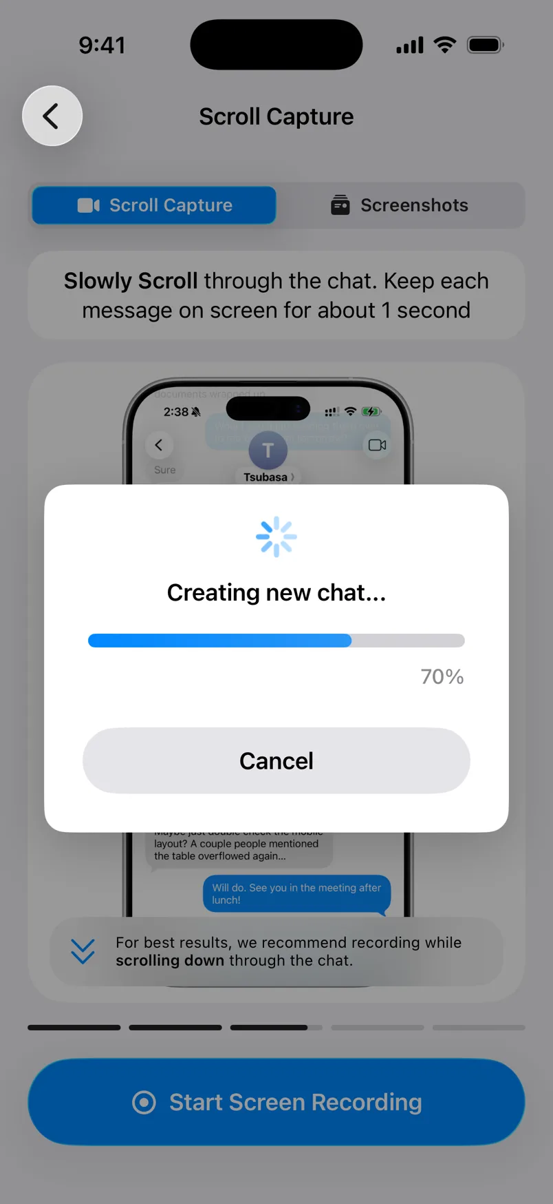 The Creating new chat box with a progress bar at 70%