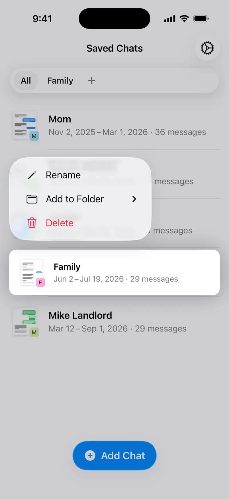 The long press menu on the Family chat with Rename, Add to Folder, and Delete