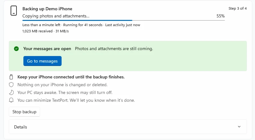 TextPort backing up Demo iPhone, Copying photos and attachments, 55 percent, with Your messages are open