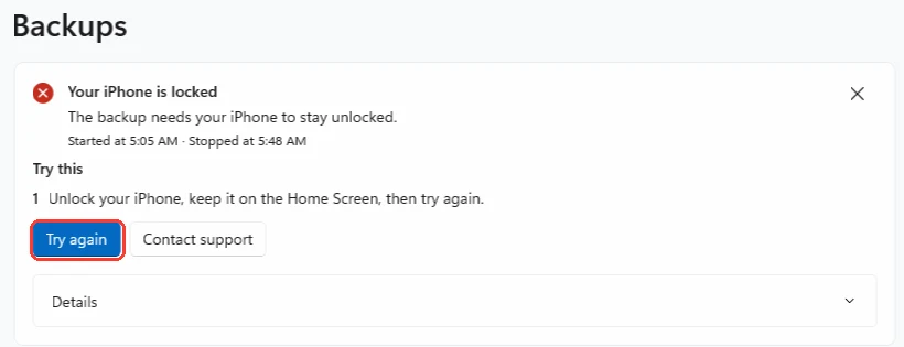 A failed backup card, Your iPhone is locked, with a Try this step and the Try again button highlighted