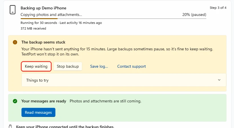 The notice The backup seems stuck with Keep waiting, Stop backup, Save log, Contact support, and Things to try