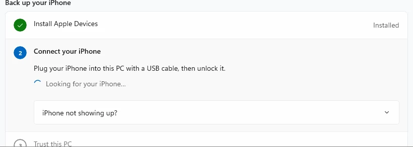 The Connect your iPhone step saying Plug your iPhone into this PC with a USB cable, then unlock it, and Looking for your iPhone