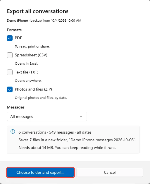 The Export all conversations window with PDF and ZIP checked, a summary of 6 conversations, and Choose folder and export highlighted