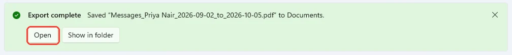 The Export complete notice with the Open button highlighted