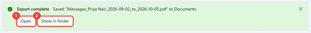 The Export complete notice with the Open and Show in folder buttons highlighted