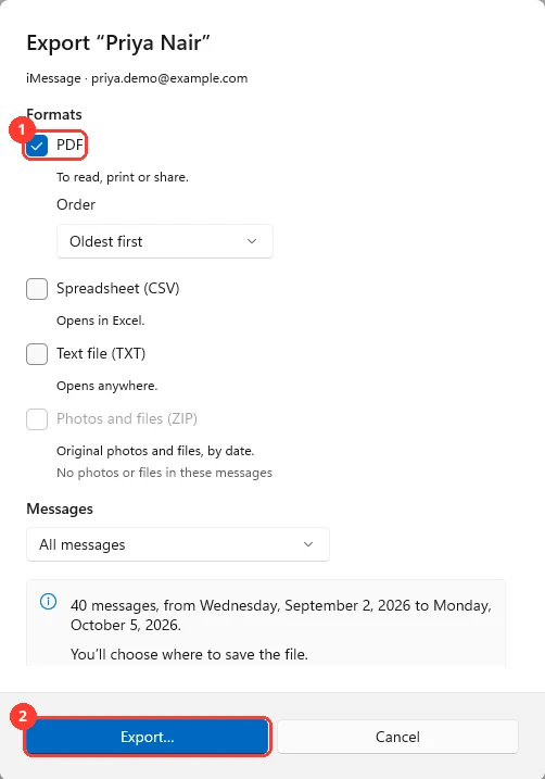 The Export window with PDF checked and the Export button highlighted