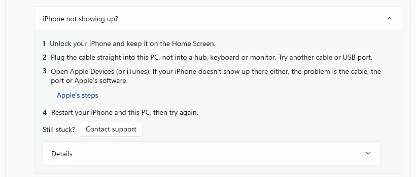 The open iPhone not showing up? list with four fixes and a Contact support button