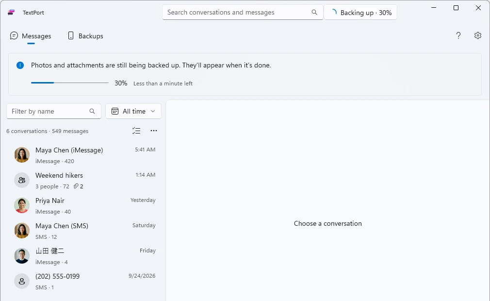 The Messages page with a list of conversations while the backup is still running