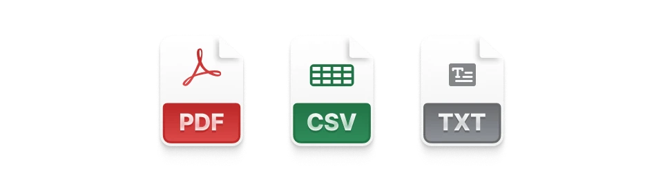 PDF, CSV, and TXT export file icons