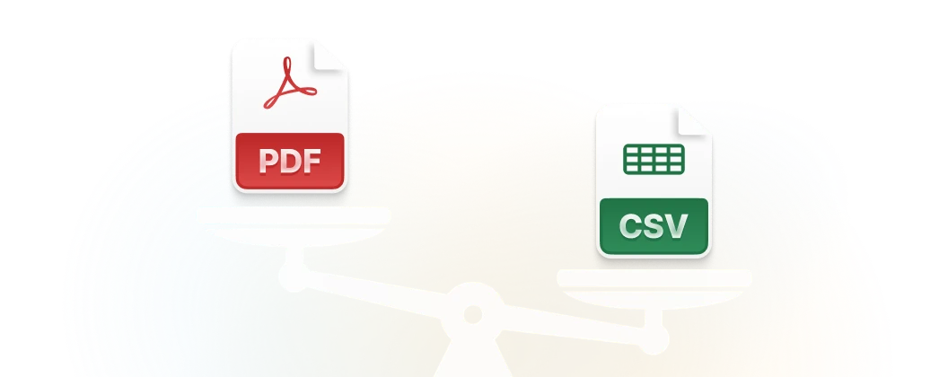 PDF and CSV export documents balanced on a scale