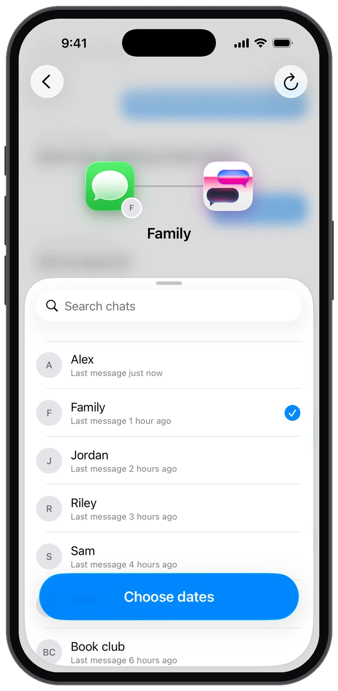 Choosing a Messages conversation to import in TextPort on iPhone
