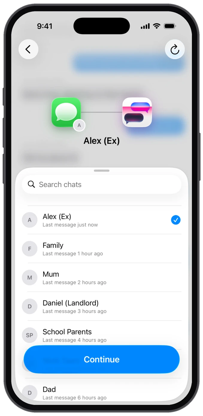 Choosing a Messages conversation to import in TextPort on iPhone